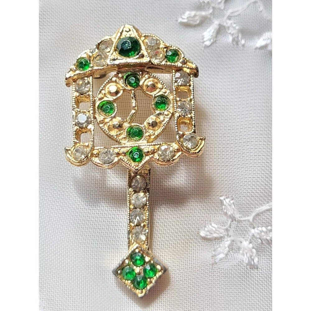 Vintage Clock with Moveable Pendulum Pin Brooch Green Rhinestones Goldtone